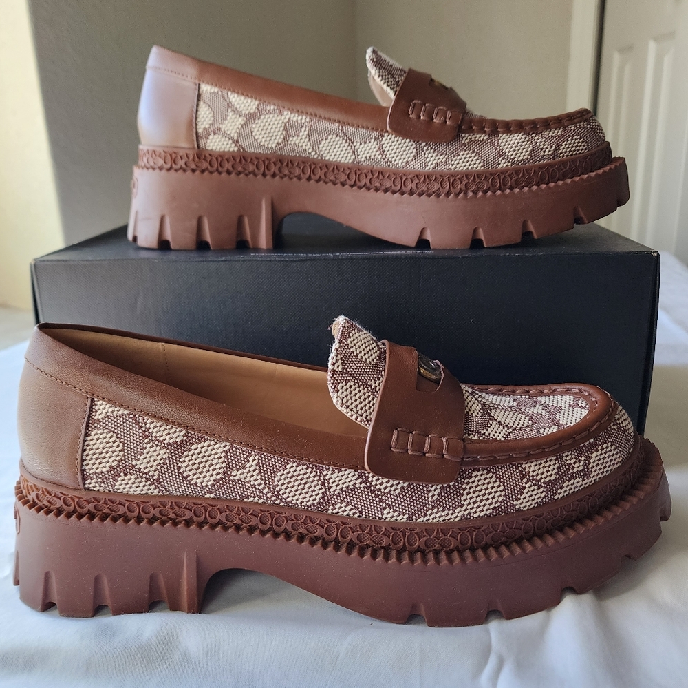 Coach lug sole jacquard loafers cocoa/saddle